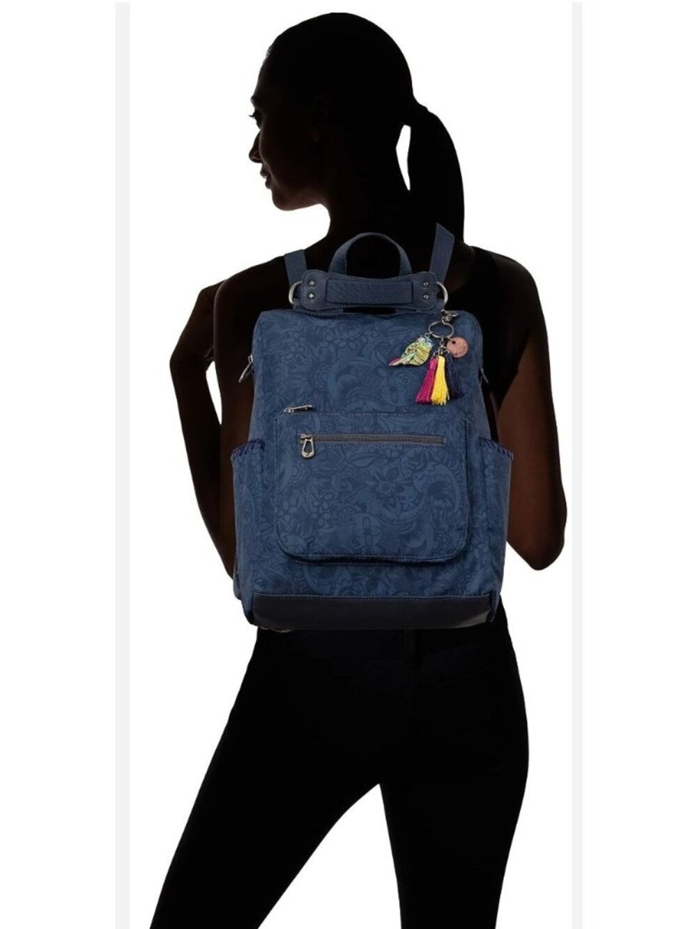Sakroots Loyloa Convertible Backpack Navy Floral Computer Slv Tassel Keychain - Picture 12 of 14